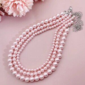 Pink Vintage Women's Faux Pearls Stacking Necklace Set